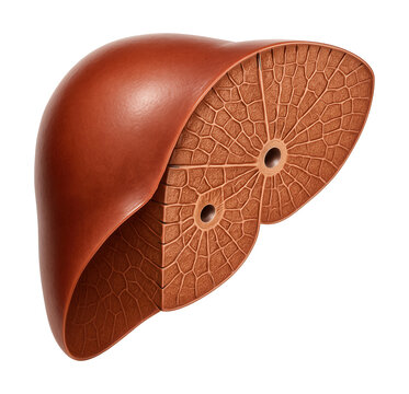 Cross-section of a human liver showing lobular structure and smooth surface.