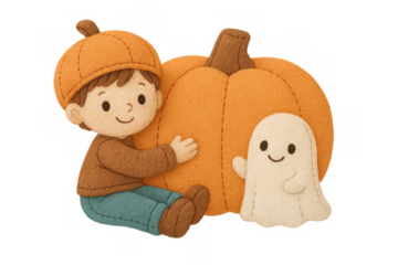 Boy wearing a pumpkin hat embracing a large pumpkin with a friendly ghost. Cute halloween illustration on transparent background