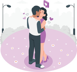 Couple kissing in park with city skyline and streetlights love romance