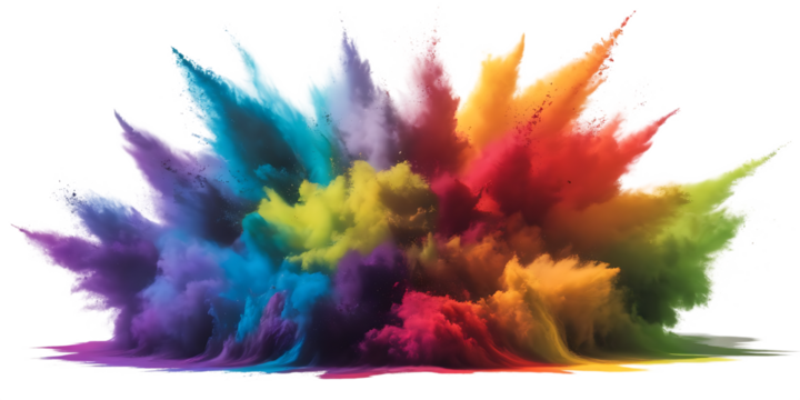 Vibrant explosion, of colorful powder clouds in motion with swirling textures, cutout, PNG isolated on white or transparent background
