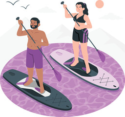 Couple Paddleboarding on Water with Mountains and Sun stand up paddleboard water sports