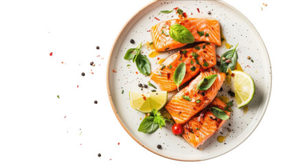 Salmon with lime and basil dish on transparent background