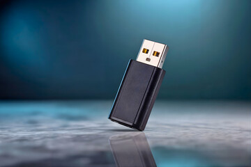 A black USB flash drive stands upright on a reflective surface with a blurred blue background, highlighting its compact design and connectivity 