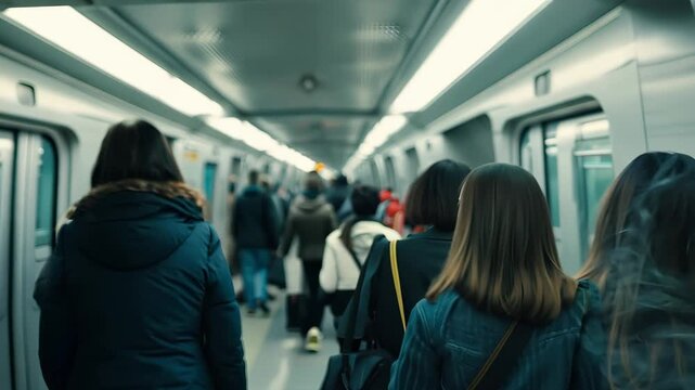 Passengers walk along a subway train shrouded in fog, which highlights the tense atmosphere of everyday urban life. People pass inside the subway car, filled with steam.