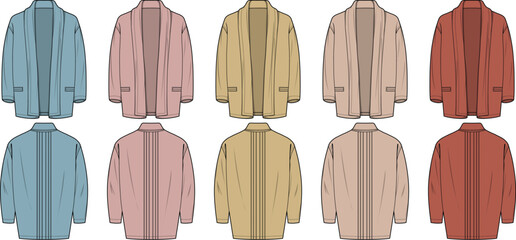 Set of women's long sleeve open front cardigan fashion flat technical sketches. Front and back view of apparel template mockups in multiple colorways for clothing design and tech packs
