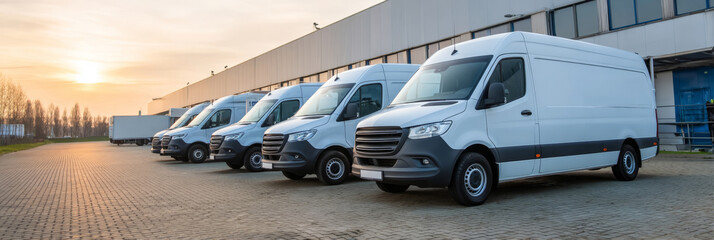 Delivery vans parked in a row at a logistics warehouse during sunset showcasing efficient package delivery concept