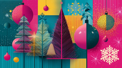 Colorful Christmas-themed graphic with decorated trees and festive ornaments