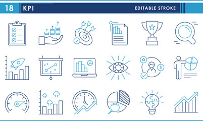 KPI icons set. Key performance indicator in business and finance. Vector editable stroke.