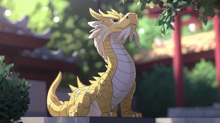 Majestic golden dragon statue perched in a serene garden setting