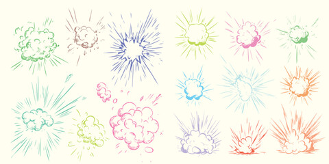 Hand-drawn explosion shape collection with comic blast effect and colorful smoke burst illustration style, perfect for poster, banner, game, or digital artwork design use.
