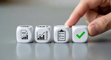 Progress and Precision: A hand deftly maneuvers a die, emphasizing concepts of development, precision, and the evolution of goals in the business world.