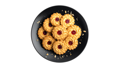 cookies on a black plate isolated on a solid white background Png form