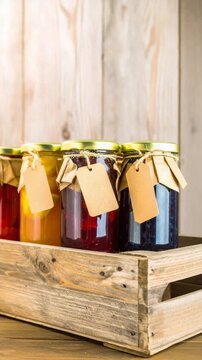 Assortment Of Jars Containing Colorful Fruit Preserves In Rustic Wooden Crate With Warm Natural Lighting And Copy Space On Tags