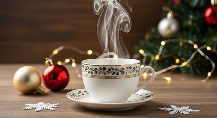 Enjoy steaming coffee with festive Christmas tree decor creating cozy holiday cheer and warm seasonal celebration