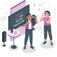 Couple singing karaoke with lyrics on screen and speakers call illustration