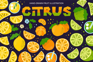Hand-Drawn Citrus Vector Design Set. Matisse-Inspired Abstract Fruit Illustrations, Elements