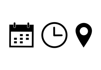 date, time and address icons on a white background