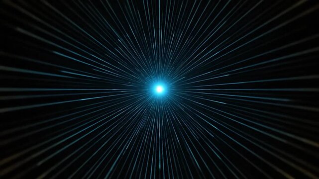 Abstract, futuristic image of a central light source with blue rays radiating outward