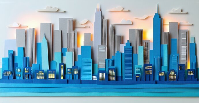 Paper cityscape presents modern architecture. Blue hues dominate, contrasting with warm lighting. Clouds float above buildings. Minimalist design.