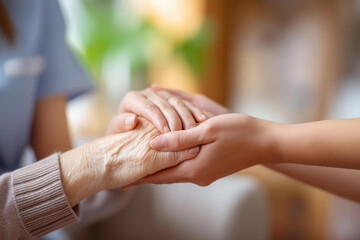 Caregiver hands assisting elderly person with defocused home, faceless senior care, assistance visualization detail, blurred domestic background, healthcare support concept, home c