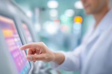 Medical professional operating dialysis machine defocused, faceless healthcare technology, medical equipment visualization, blurred clinical background, advanced treatment detail,