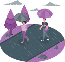 Couple walking with umbrellas in the rain road