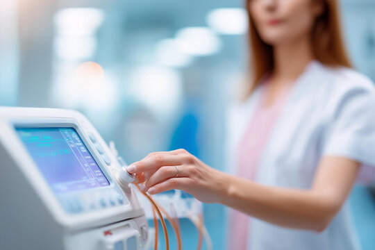 Medical professional operating dialysis machine defocused, faceless healthcare technology, medical equipment visualization, blurred clinical background, advanced treatment detail,