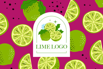 Lime Fruit Pattern Background with Logo design. Seamless Hand-drawn Citrus Illustration