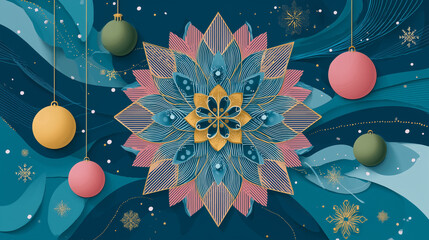 Colorful mandala design with Christmas ornaments and festive decorations on a blue background
