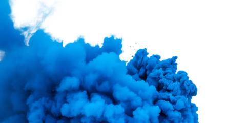 Vibrant blue smoke plume, with swirling textures and small water droplets, cutout, PNG isolated on white or transparent background
