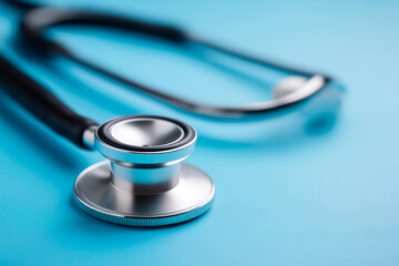 Stethoscope on blue background with defocused surface, faceless medical equipment, healthcare visualization detail, top view perspective, doctor device concept, medical examination
