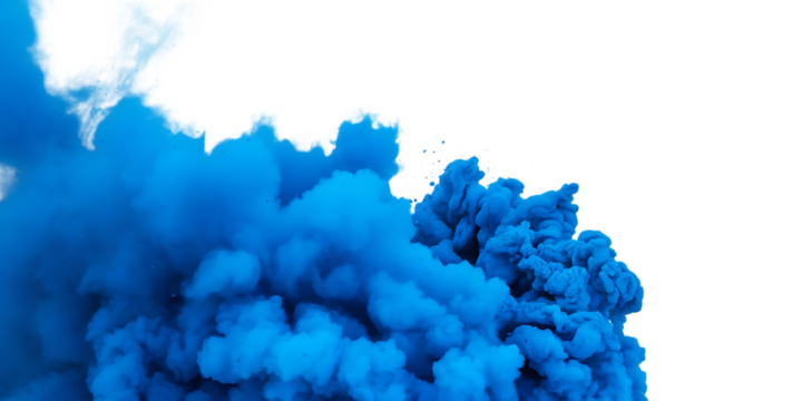 Vibrant blue smoke plume, with swirling textures and small water droplets, cutout, PNG isolated on white or transparent background