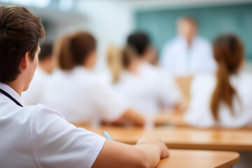 Medical students at desk listening with defocused classroom, faceless healthcare education, academic visualization detail, blurred learning background, medical training concept, st