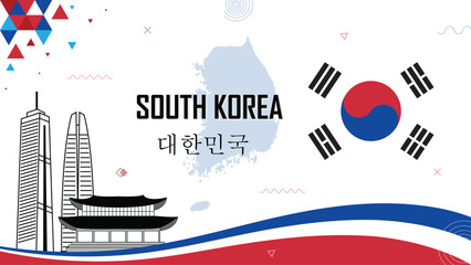 South Korea nation banner with flag colors, Seoul city view, geometric abstract design, famous landmarks, map in background, suitable for travel, tourism, celebrations and festivals