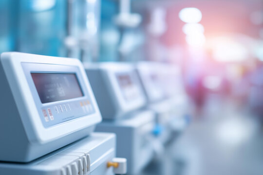 Group of ventilator machines in clinical setting defocused, faceless medical equipment, respiratory technology visualization, blurred hospital background, life support detail, ICU