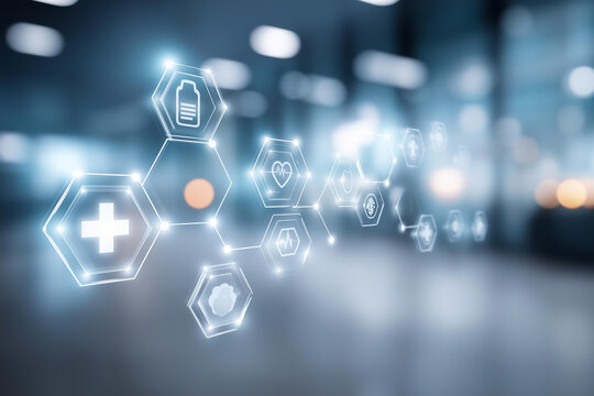Medical technology icons on digital screen interface glowing, faceless healthcare innovation, electronic record visualization, defocused background blur, digital health detail, med