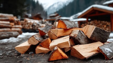 Freshly cut logs are neatly piled on the ground in a snowy area surrounded by trees and wooden structures, suggesting preparation for the cold season ahead