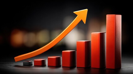 colorful bar graph displays rising market trends, with orange bars escalating alongside a bold upward arrow. background features a blurred cityscape at night, emphasizing progress