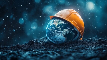 A globe wearing a construction helmet against a backdrop of rain and mud, symbolising climate change and environmental issues.
For publications about environmental disasters, climate change, 