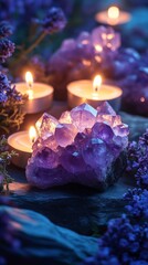 Candles and crystals at dusk: a mystical atmosphere with purple hues and flickering light.
Ideal for articles on meditation, spiritual practices, esotericism, as well as interior design  