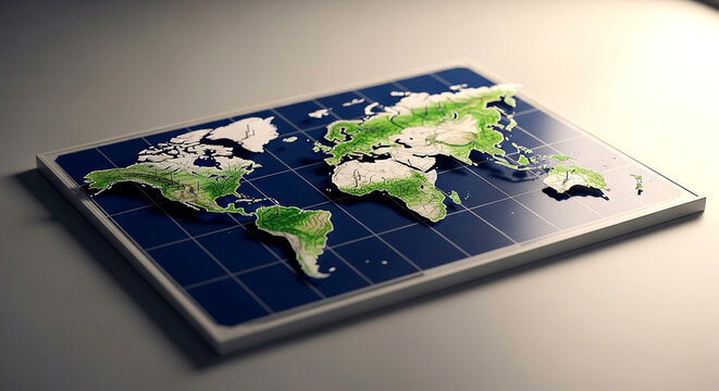Three Dimensional World Map on Blue Grid Display - Powered by Adobe