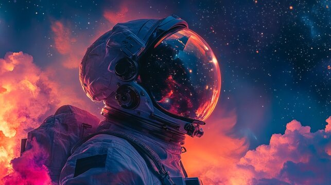 An astronaut against a backdrop of stars and clouds: a vivid image of space exploration, contrasting technology with the mystery of the universe.
Used in materials about science, space,