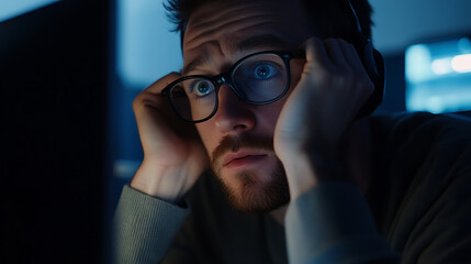 Overwhelmed man with glasses stares intently, hands holding his head. Blue light reflects in his wide eyes, hinting at a late night and the pressures of modern technology.