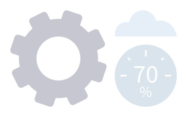 Large gear beside a cloud and 70 gauge icon merging technology, optimization, and data. Ideal for process management, automation, cloud systems, innovation, weather updates, progress tracking