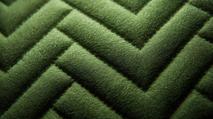 A detailed view of a green textile with a sophisticated geometric pattern