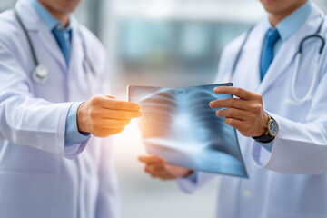 Two doctors examining x-ray films together defocused hospital, faceless medical collaboration, radiological review visualization, blurred clinical background, diagnostic discussion