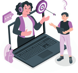 Customer service representative assisting a client with a laptop and target support assistance