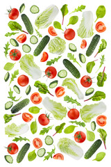 Organic vegetables background. Ingredients of fresh green vegetable salad fly, pattern, texture, isolated. Leafy greens, cucumber, tomato, spinach leaves. For healthy eating, detox salad menu design.