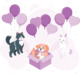 Cute cartoon animals floating with balloons in a pastel sky rabbit puppy