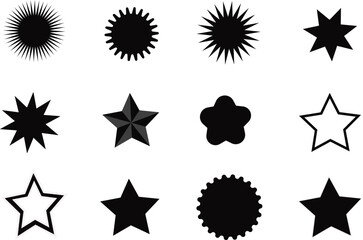 Set of Various Star Icons – Solid, Outline & Decorative Star Shapes Vector Collection

